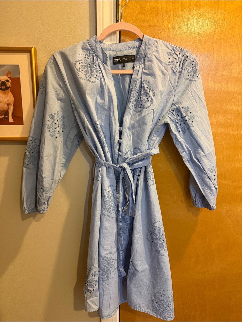 Zara Powder Blue Eyelet Tie-Waist Midi Dress size medium